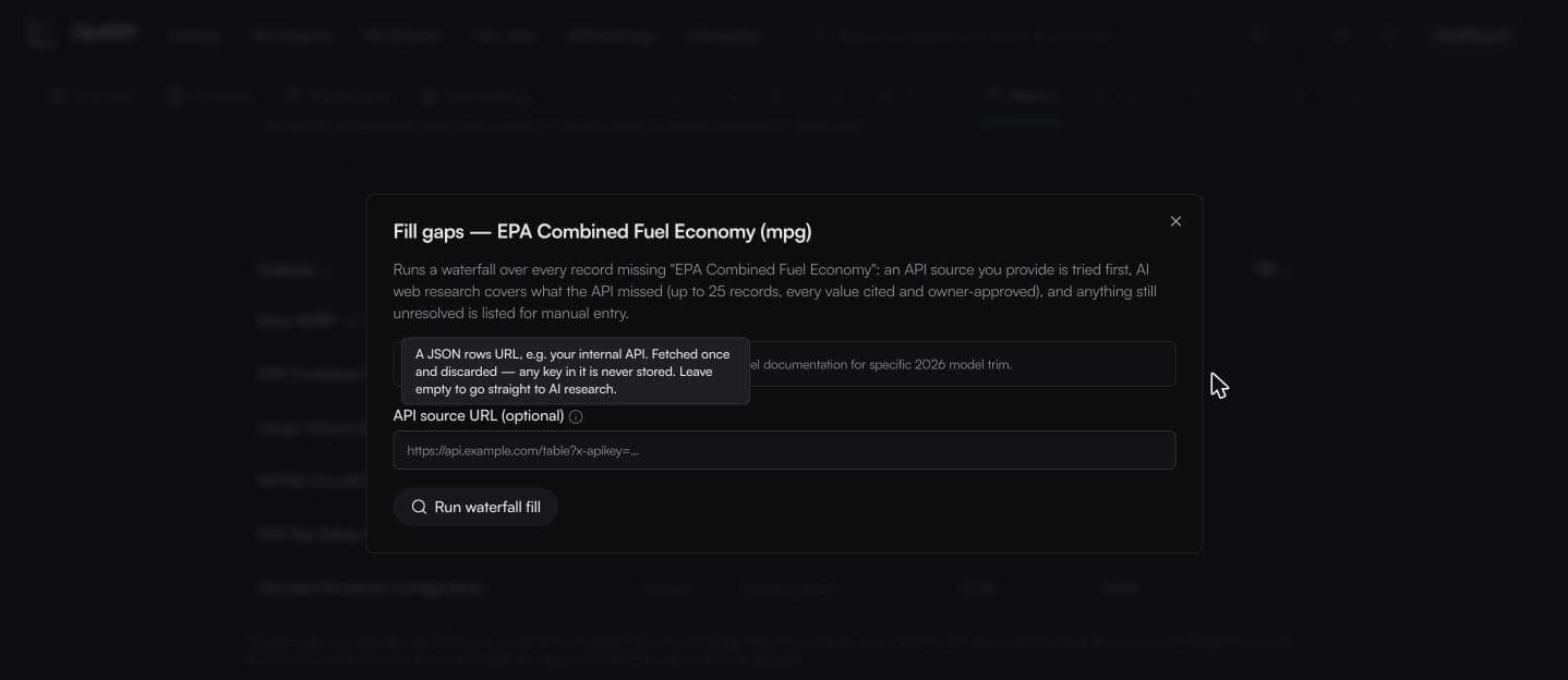 The Fill gaps dialog with the verification hint and optional API URL